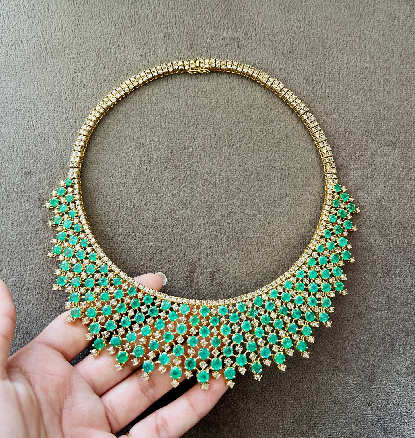 14k Gold Natural Zambian Emerald & Rose Cut Diamond Necklace - 46.75 Carats Emerald, 24.43 Carats Diamond Victorian Necklace