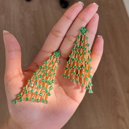 14k Gold Natural Zambian Emerald & Rose Cut Diamond Earrings - 11.41 Carats Emerald, 2.44 Carats Diamond Art Deco Earrings