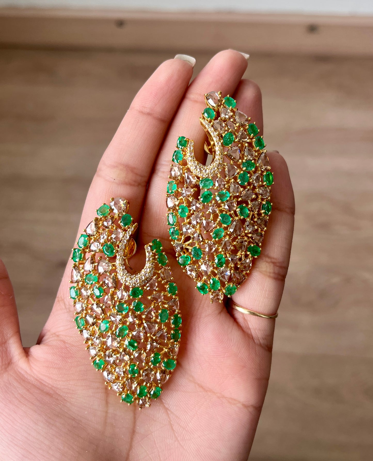 14k Gold Natural Zambian Emerald & Rose Cut Diamond Earrings - 9.09 Carats Emerald, 13 Carats Diamond Victorian Earrings