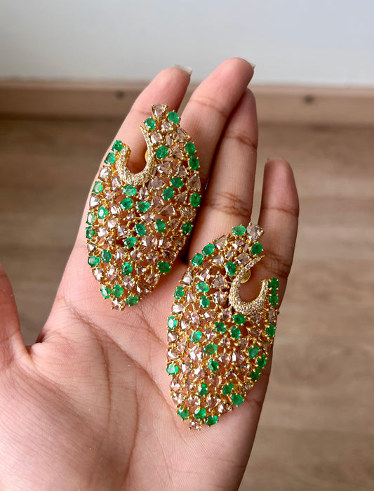 14k Gold Natural Zambian Emerald & Rose Cut Diamond Earrings - 9.09 Carats Emerald, 13 Carats Diamond Victorian Earrings