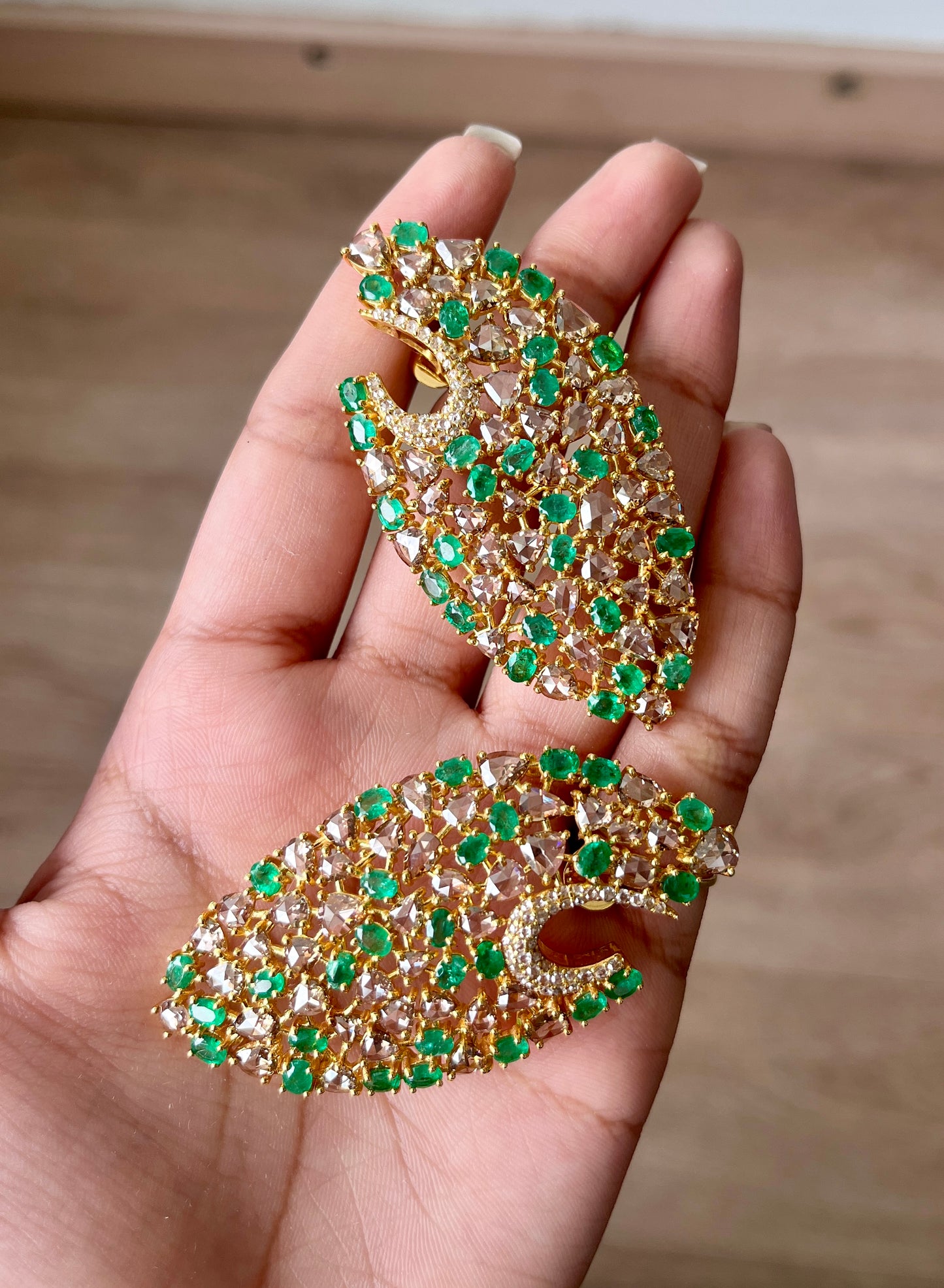 14k Gold Natural Zambian Emerald & Rose Cut Diamond Earrings - 9.09 Carats Emerald, 13 Carats Diamond Victorian Earrings