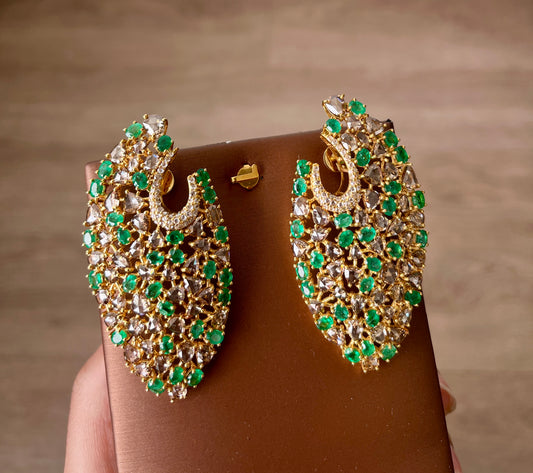 14k Gold Natural Zambian Emerald & Rose Cut Diamond Earrings - 9.09 Carats Emerald, 13 Carats Diamond Victorian Earrings