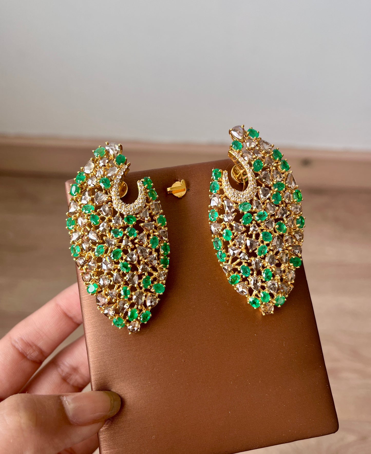 14k Gold Natural Zambian Emerald & Rose Cut Diamond Earrings - 9.09 Carats Emerald, 13 Carats Diamond Victorian Earrings