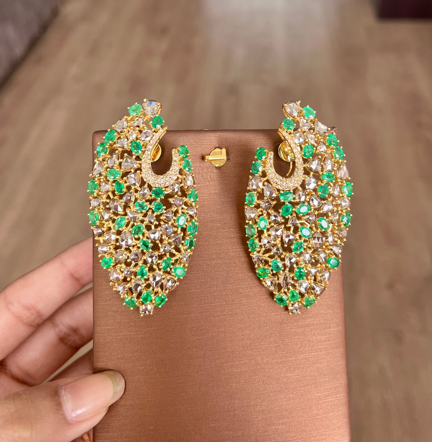 14k Gold Natural Zambian Emerald & Rose Cut Diamond Earrings - 9.09 Carats Emerald, 13 Carats Diamond Victorian Earrings