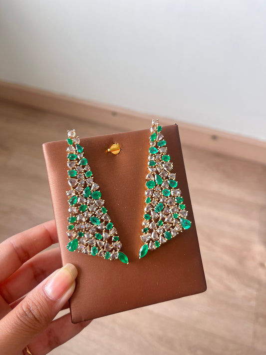 14k Gold Natural Zambian Emerald & Rose Cut Diamond Earrings - 10.4 Carats Emerald, 11.07 Carats Diamond Victorian Earrings
