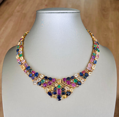 14k Gold Natural Sapphire, Emerald & Rose Cut Diamond Necklace - 96.25 Carats Sapphire, 7.36 Carats Emerald, 6.75 Carats Diamond Avant Garde Necklace