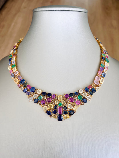 14k Gold Natural Sapphire, Emerald & Rose Cut Diamond Necklace - 96.25 Carats Sapphire, 7.36 Carats Emerald, 6.75 Carats Diamond Avant Garde Necklace