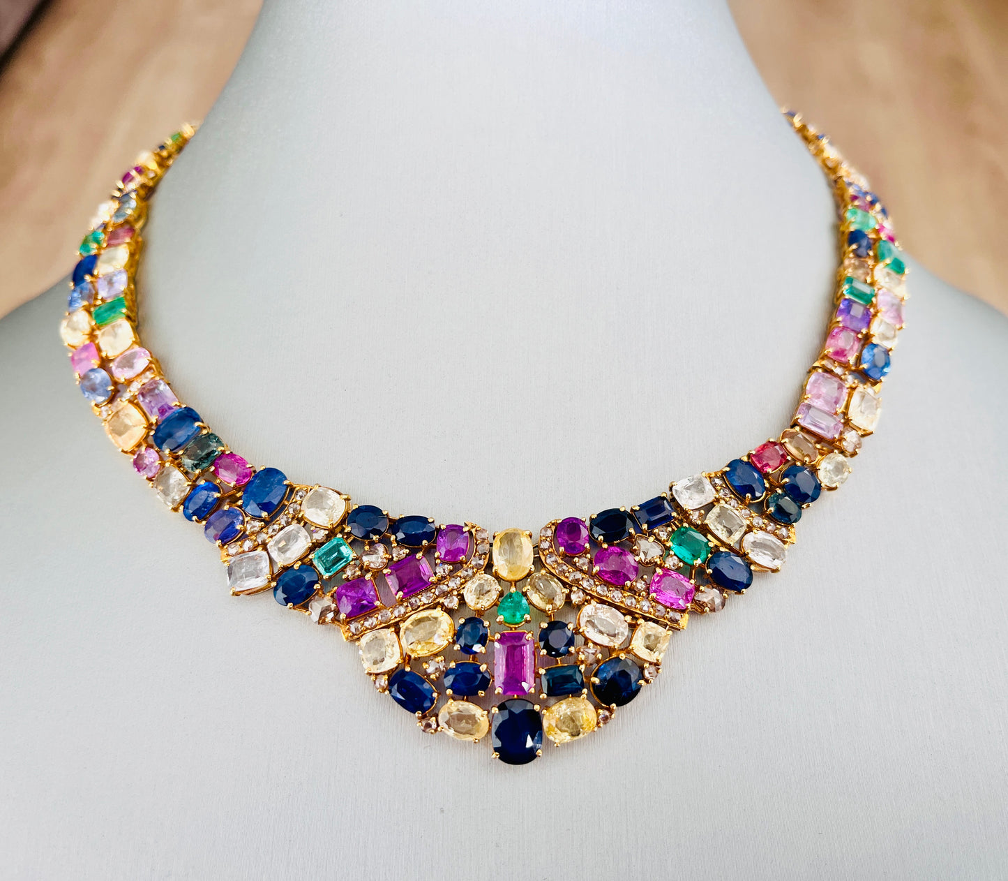 14k Gold Natural Sapphire, Emerald & Rose Cut Diamond Necklace - 96.25 Carats Sapphire, 7.36 Carats Emerald, 6.75 Carats Diamond Avant Garde Necklace