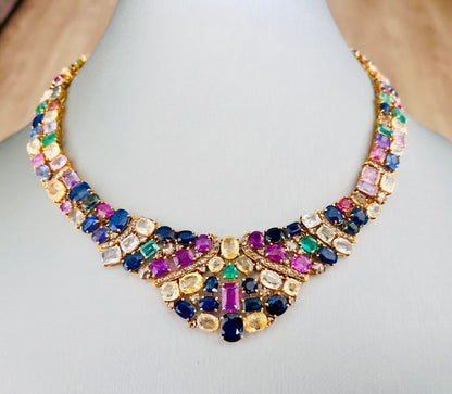 14k Gold Natural Sapphire, Emerald & Rose Cut Diamond Necklace - 96.25 Carats Sapphire, 7.36 Carats Emerald, 6.75 Carats Diamond Avant Garde Necklace