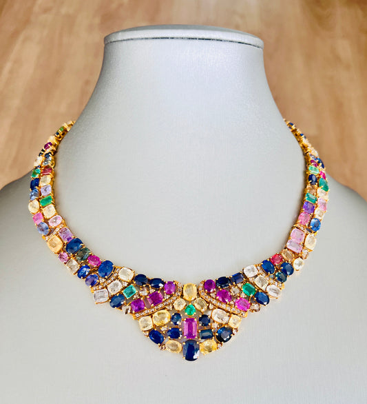 14k Gold Natural Sapphire, Emerald & Rose Cut Diamond Necklace - 96.25 Carats Sapphire, 7.36 Carats Emerald, 6.75 Carats Diamond Avant Garde Necklace