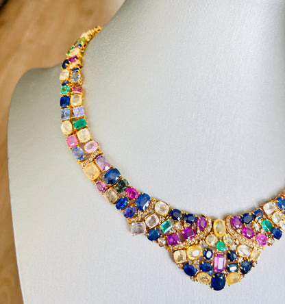 14k Gold Natural Sapphire, Emerald & Rose Cut Diamond Necklace - 96.25 Carats Sapphire, 7.36 Carats Emerald, 6.75 Carats Diamond Avant Garde Necklace