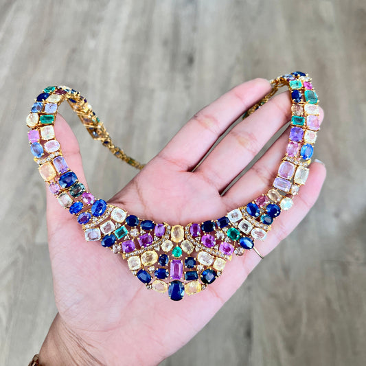 14k Gold Natural Sapphire, Emerald & Rose Cut Diamond Necklace - 96.25 Carats Sapphire, 7.36 Carats Emerald, 6.75 Carats Diamond Avant Garde Necklace