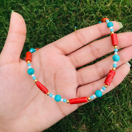 Coral And Turquoise Beaded Necklace