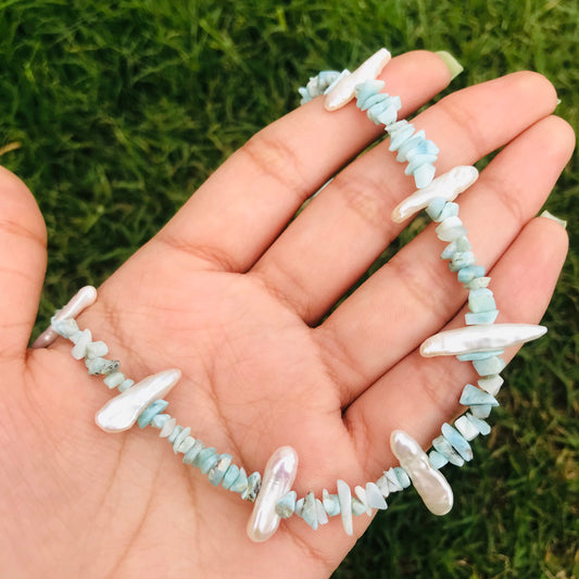 Larimar And Fresh Water Pearl Beaded Necklace