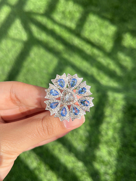 14k Gold Natural Blue Sapphire & Diamond Ring - 3.65 Carats Sapphire, 2.01 Carats Diamond Art Deco Ring