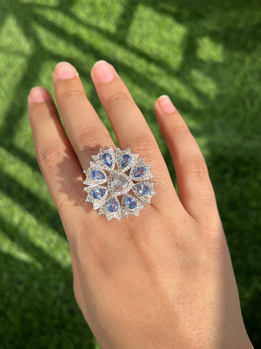14k Gold Natural Blue Sapphire & Diamond Ring - 3.65 Carats Sapphire, 2.01 Carats Diamond Art Deco Ring