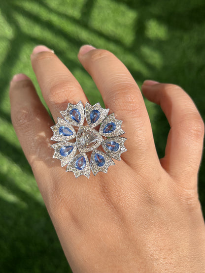 14k Gold Natural Blue Sapphire & Diamond Ring - 3.65 Carats Sapphire, 2.01 Carats Diamond Art Deco Ring