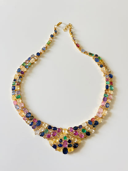 14k Gold Natural Sapphire, Emerald & Rose Cut Diamond Necklace - 96.25 Carats Sapphire, 7.36 Carats Emerald, 6.75 Carats Diamond Avant Garde Necklace