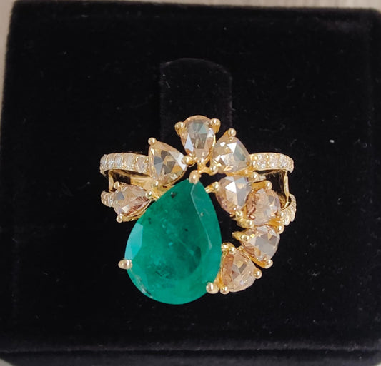14k Gold Natural Zambian Emerald & Rose Cut Diamond Ring - 2.83 Carats Emerald, 1.1 Carats Diamond Victorian Ring