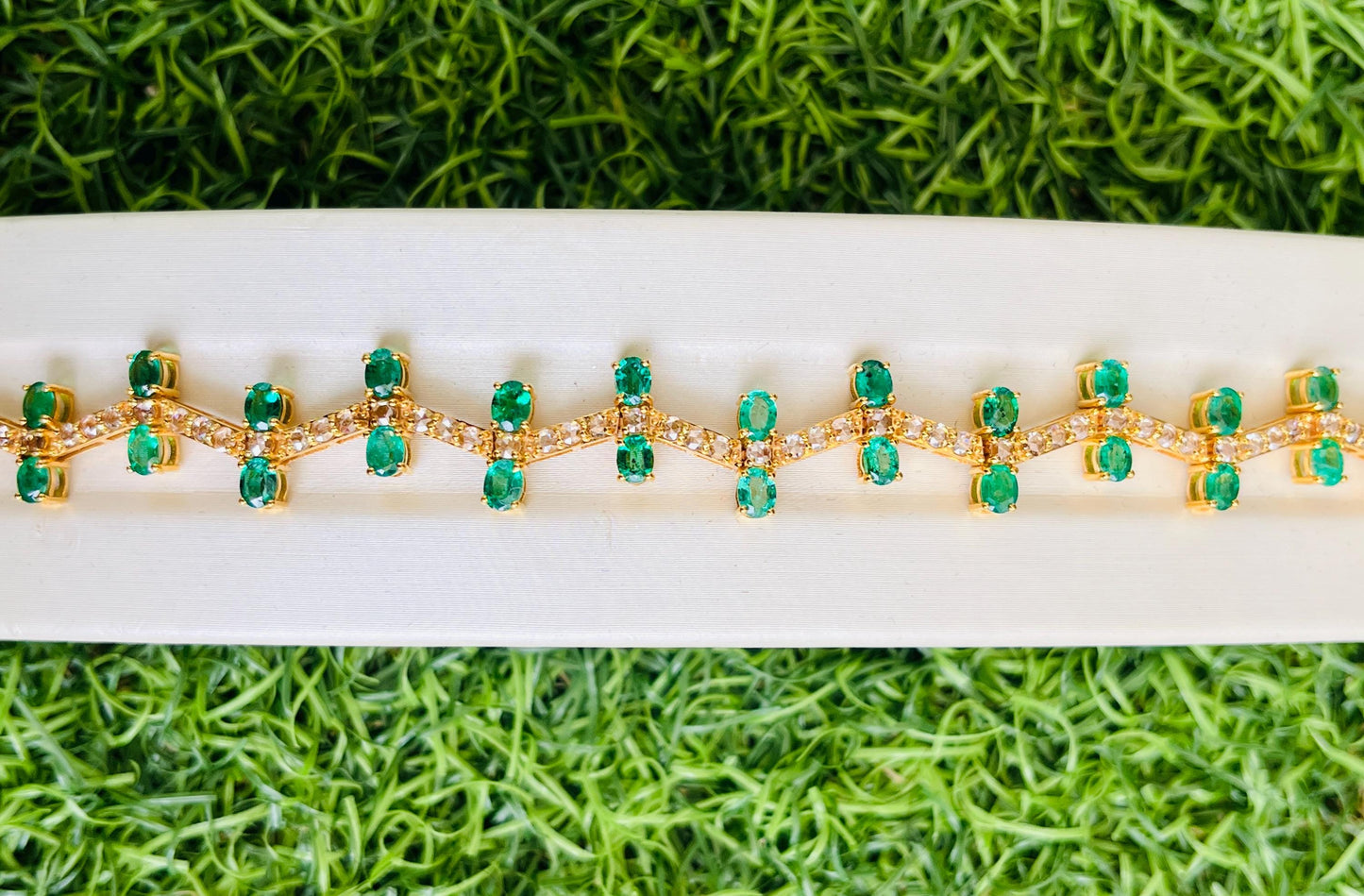 14k Gold Natural Zambian Emerald & Rose Cut Diamond Bracelet - 5.8 Carats Emerald, 1.82 Carats Diamond Art Deco Bracelet