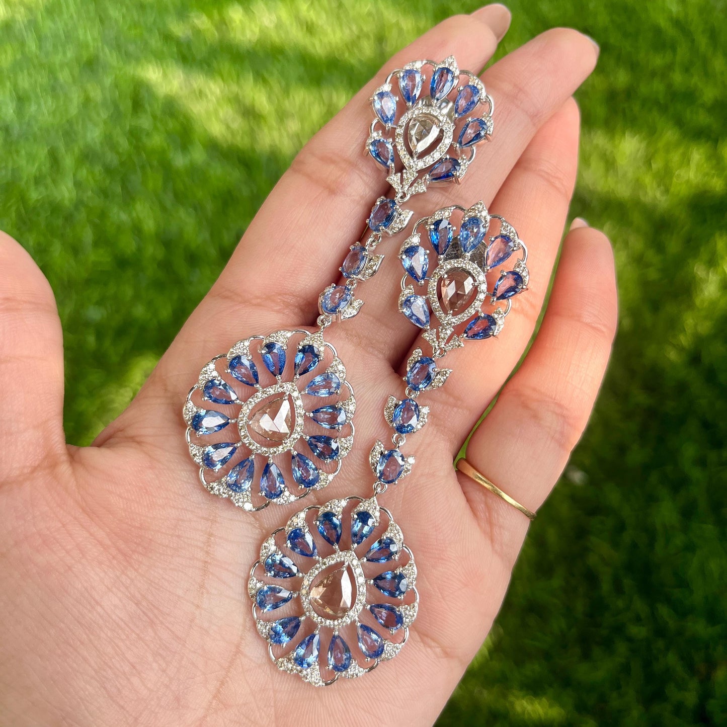 14k Gold Natural Blue Sapphire & Diamond Earrings - 19.5 Carats Sapphire, 3.74 Carats Diamond Victorian Earrings