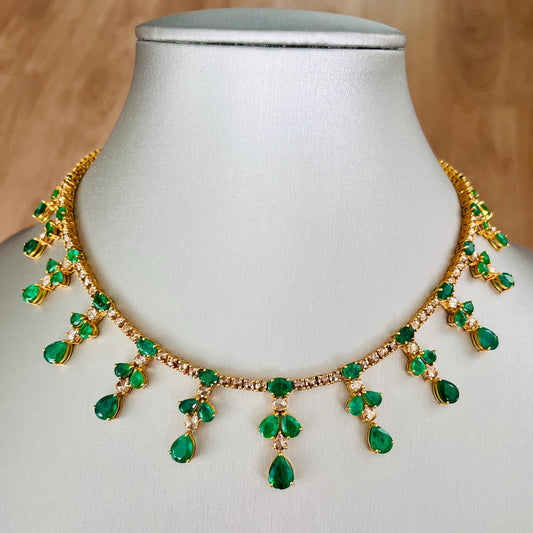 14k Gold Natural Zambian Emerald & Rose Cut Diamond Necklace - 24.21 Carats Emerald, 12.91 Carats Diamond Victorian Necklace