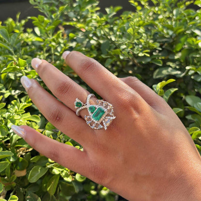 14k Gold Natural Zambian Emerald & Diamond Ring - 2.18 Carats Emerald, 2.45 Carats Diamond Art Deco Ring