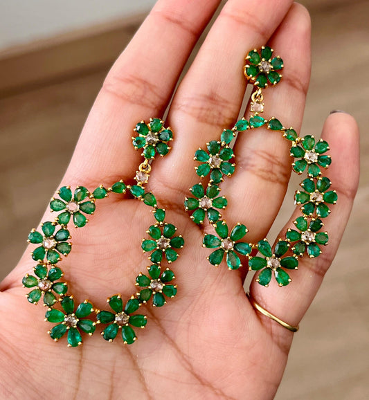14k Gold Natural Zambian Emerald & Rose Cut Diamond Earrings - 15.62 Carats Emerald, 1.54 Carats Diamond Victorian Hoop Earrings