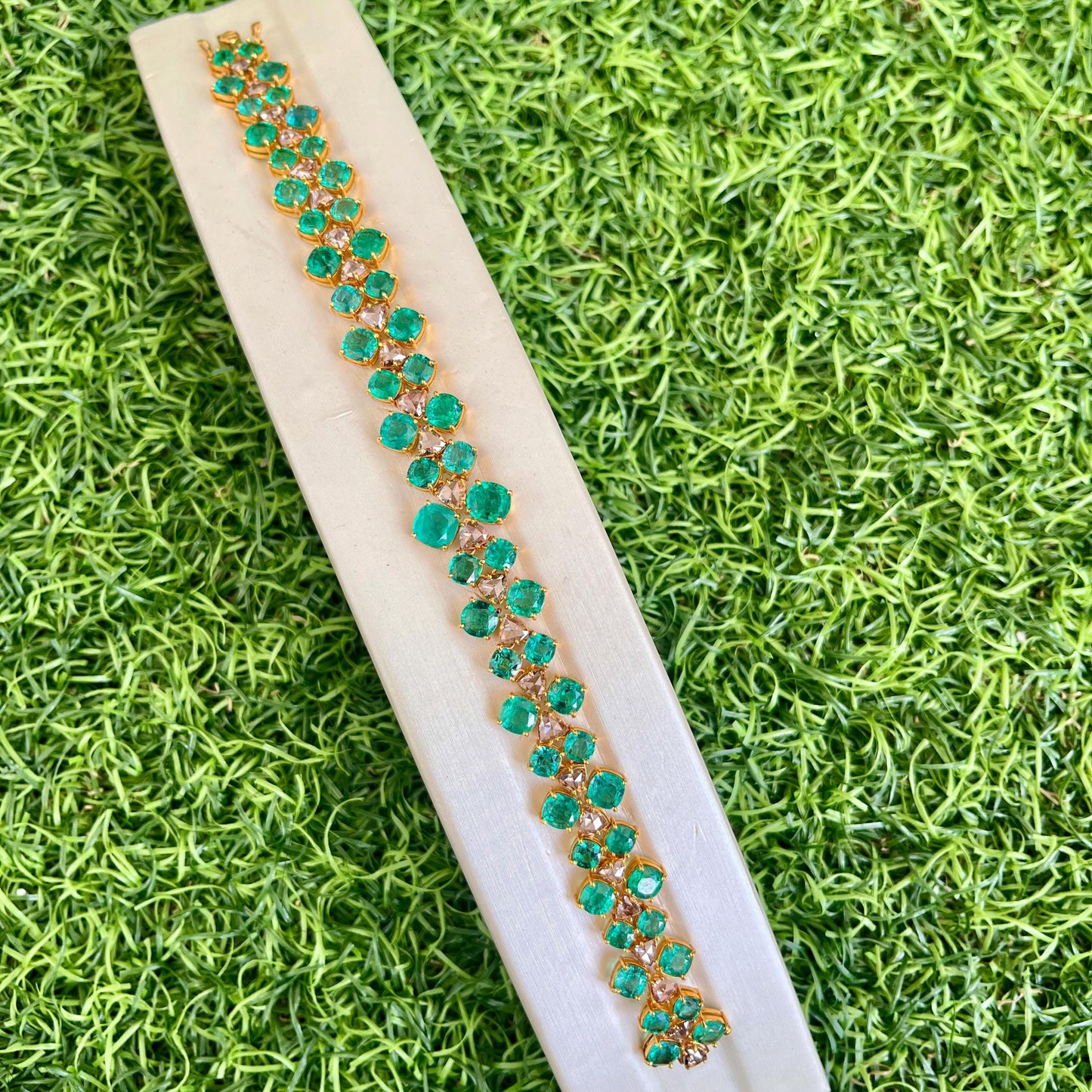 14k Gold Natural Zambian Emerald & Rose Cut Diamond Bracelet - 17.5 Carats Emerald, 3.02 Carats Diamond Art Deco Bracelet