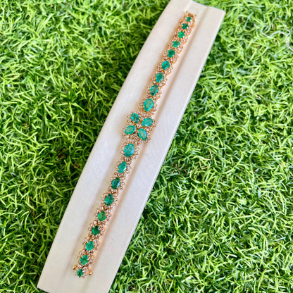 14k Gold Natural Zambian Emerald & Rose Cut Diamond Bracelet - 9.4 Carats Emerald, 4.35 Carats Diamond Art Deco Bracelet