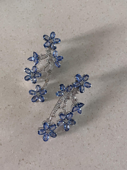 14k Gold Natural Blue Sapphire & Diamond Earrings - 21.48 Carats Sapphire, 1.83 Carats Diamond Art Nouveau Earrings