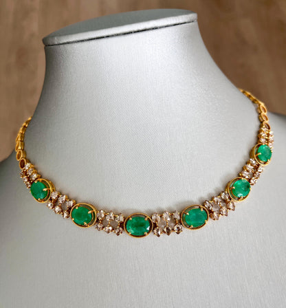 14k Gold Natural Zambian Emerald & Rose Cut Diamond Necklace - 15.41 Carats Emerald, 5.68 Carats Diamond Victorian Necklace