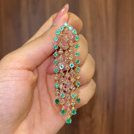 14k Gold Natural Zambian Emerald & Rose Cut Diamond Art Deco Earrings