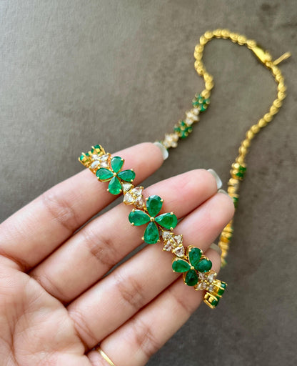 14k Gold Natural Zambian Emerald & Rose Cut Diamond Necklace - 15.6 Carats Emerald, 6.47 Carats Diamond Victorian Necklace