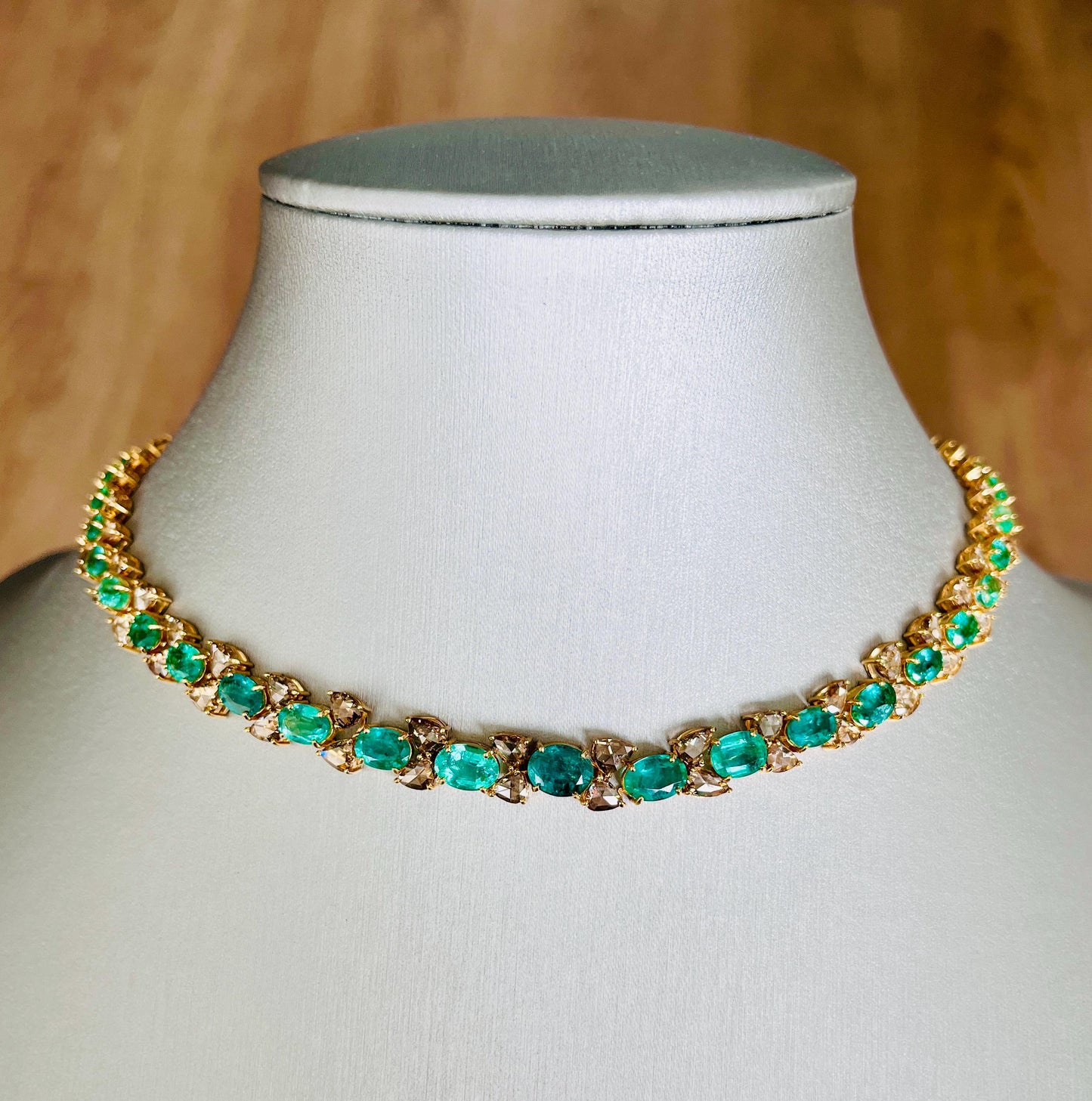 14k Gold Natural Zambian Emerald & Rose Cut Diamond Necklace - 19.25 Carats Emerald, 13.98 Carats Diamond Victorian Necklace