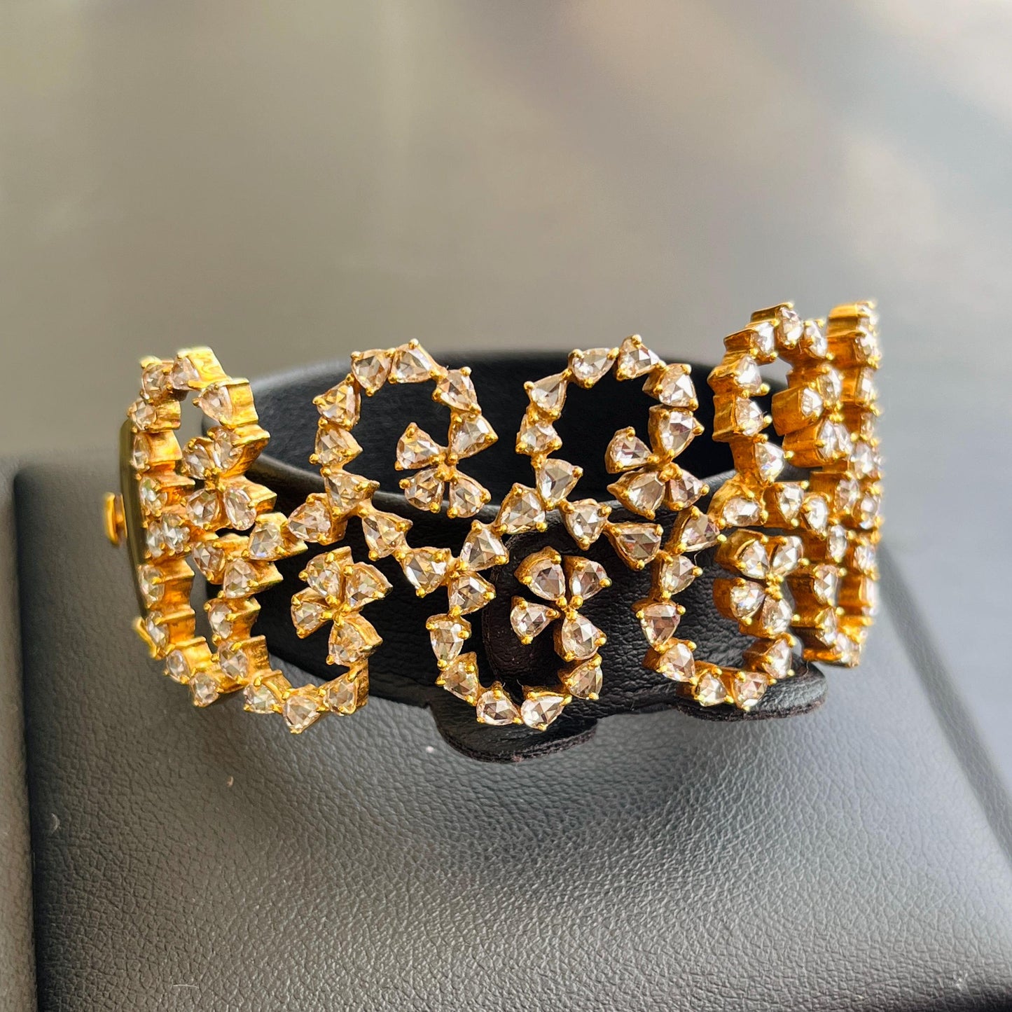 14k Gold Natural Rose Cut Diamond Bracelet - 10.4 Carats Diamond Victorian Cuff Bracelet