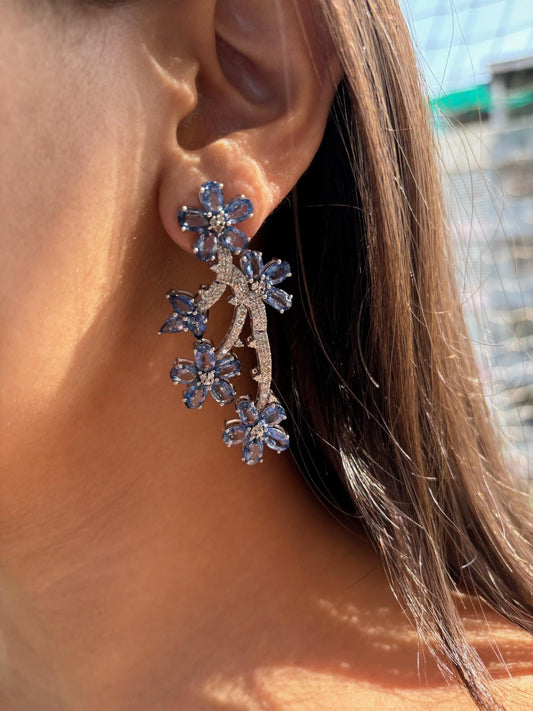 14k Gold Natural Blue Sapphire & Diamond Earrings - 21.48 Carats Sapphire, 1.83 Carats Diamond Art Nouveau Earrings