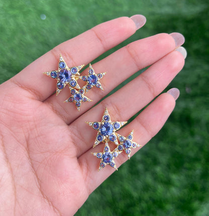 Solid Gold Natural Tanzanite & Diamond Star Victorian Stud Earrings