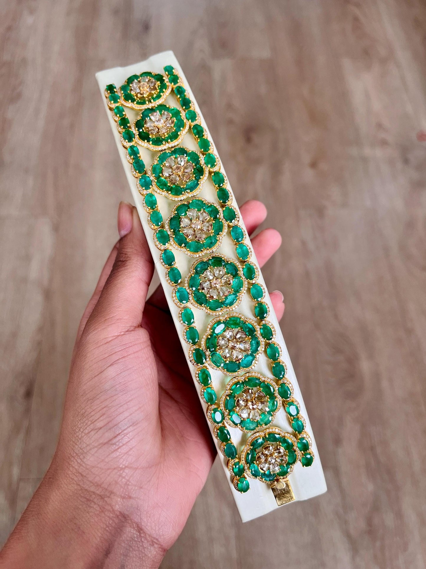 14k Gold Natural Zambian Emerald & Diamond Bracelet - 49.25 Carats Emerald, 12.24 Carats Diamond Victorian Bracelet