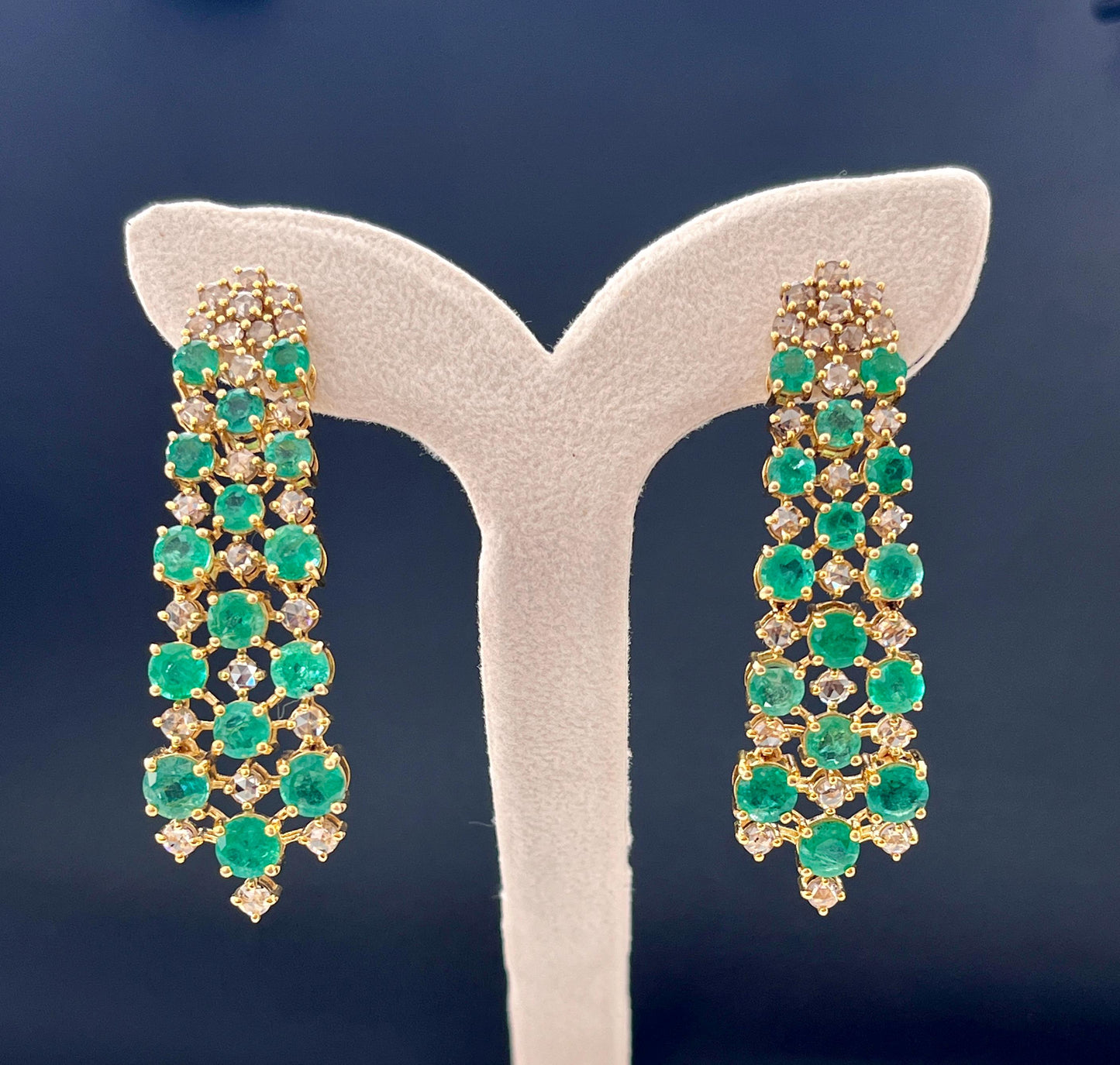 14k Gold Natural Zambian Emerald & Rose Cut Diamond Art Deco Earrings