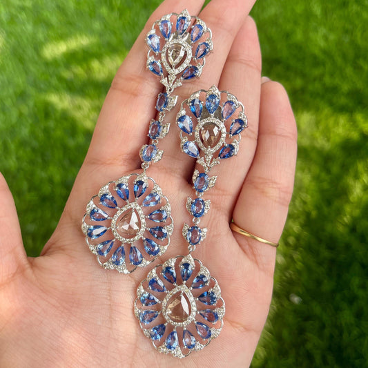 14k Gold Natural Blue Sapphire & Diamond Earrings - 19.5 Carats Sapphire, 3.74 Carats Diamond Victorian Earrings