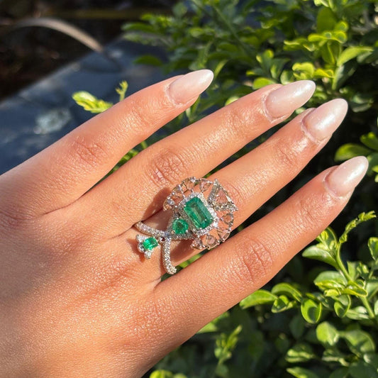 14k Gold Natural Zambian Emerald & Diamond Ring - 2.18 Carats Emerald, 2.45 Carats Diamond Art Deco Ring