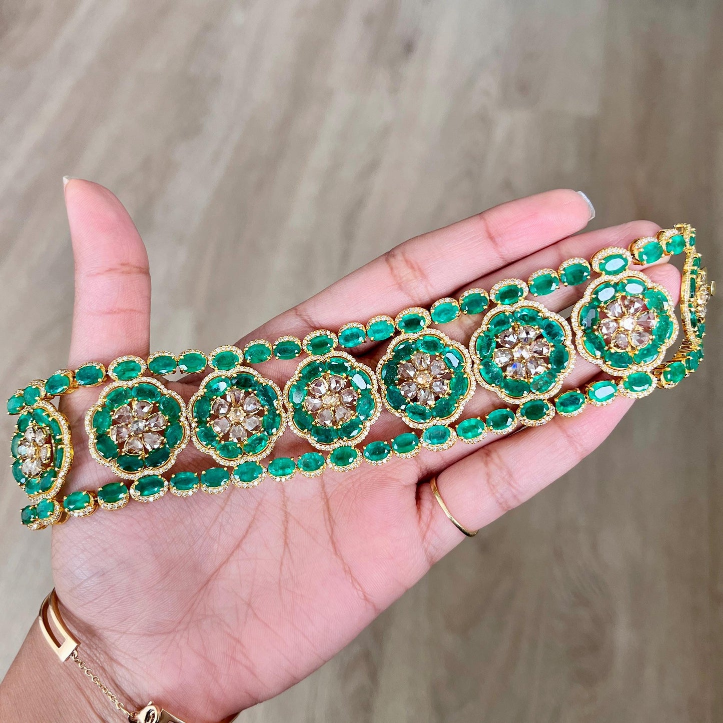 14k Gold Natural Zambian Emerald & Diamond Bracelet - 49.25 Carats Emerald, 12.24 Carats Diamond Victorian Bracelet
