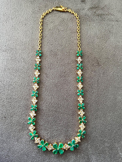 14k Gold Natural Zambian Emerald & Rose Cut Diamond Necklace - 15.6 Carats Emerald, 6.47 Carats Diamond Victorian Necklace