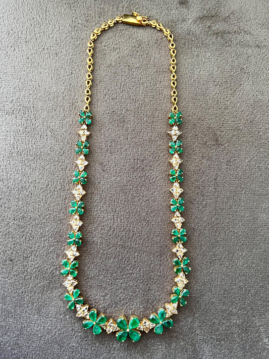 14k Gold Natural Zambian Emerald & Rose Cut Diamond Necklace - 15.6 Carats Emerald, 6.47 Carats Diamond Victorian Necklace