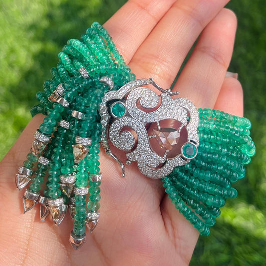 14k Gold Natural Zambian Emerald & Diamond Bracelet - 185.1 Carats Emerald, 5.97 Carats Diamond Victorian Beaded Bracelet