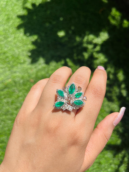 14k Gold Natural Zambian Emerald & Diamond Ring - 2.74 Carats Emerald, 1.93 Carats Diamond Art Nouveau Ring