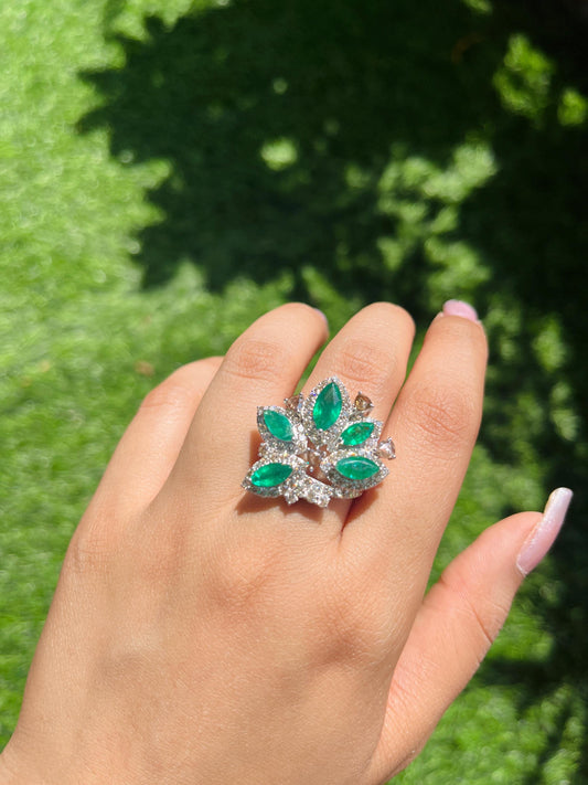 14k Gold Natural Zambian Emerald & Diamond Ring - 2.74 Carats Emerald, 1.93 Carats Diamond Art Nouveau Ring