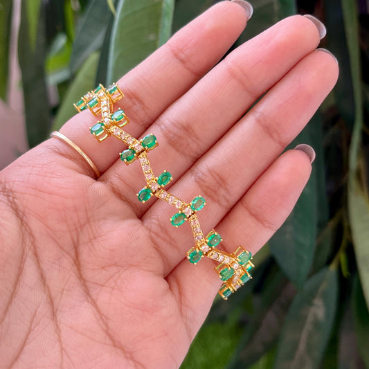 14k Gold Natural Zambian Emerald & Rose Cut Diamond Bracelet - 5.8 Carats Emerald, 1.82 Carats Diamond Art Deco Bracelet