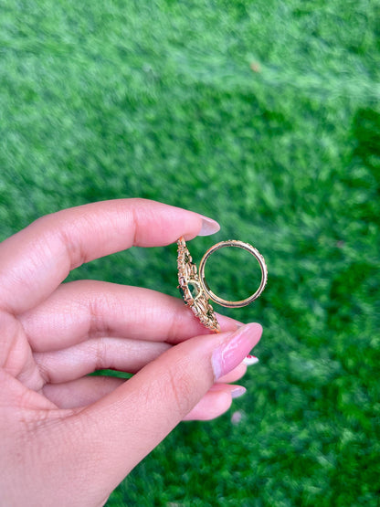 14k Gold Natural Zambian Emerald & Diamond Ring - 1.47 Carats Emerald, 2.69 Carats Diamond Art Nouveau Ring